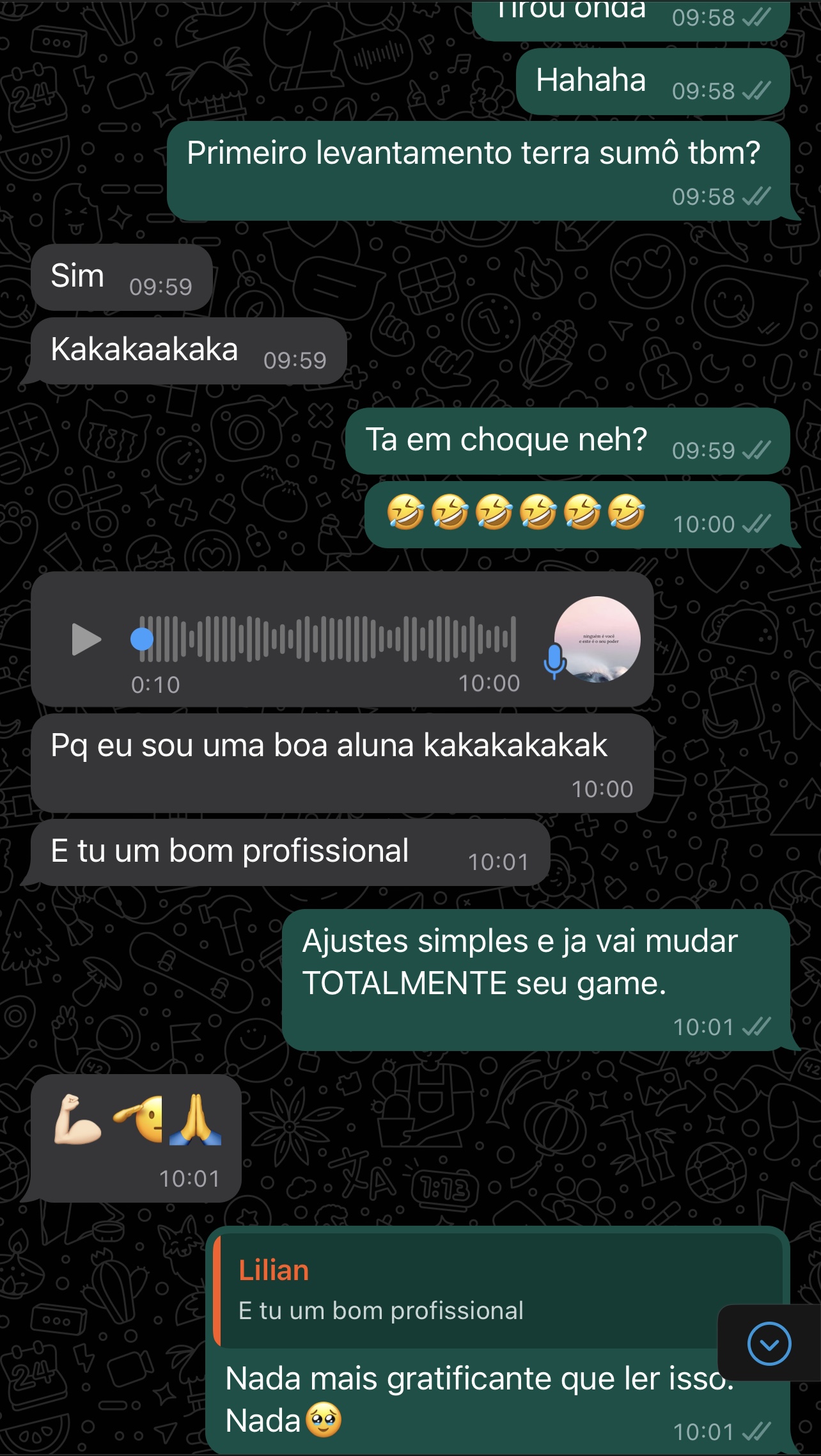 Print de conversa com depoimento real de aluna DFTEAM